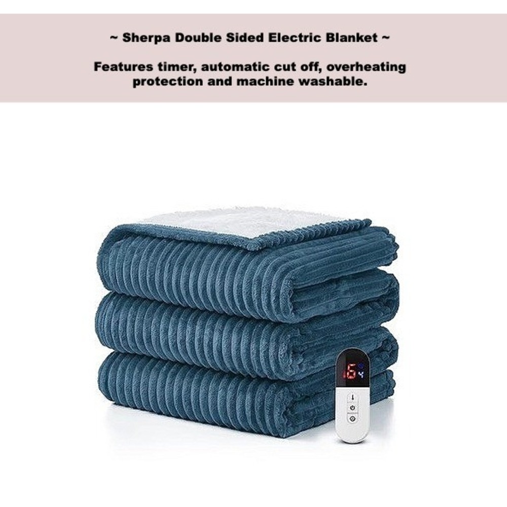 Heated Electric Blanket Throw 6 Heat Settings Auto Off 250gsm Plush Flannel Blue